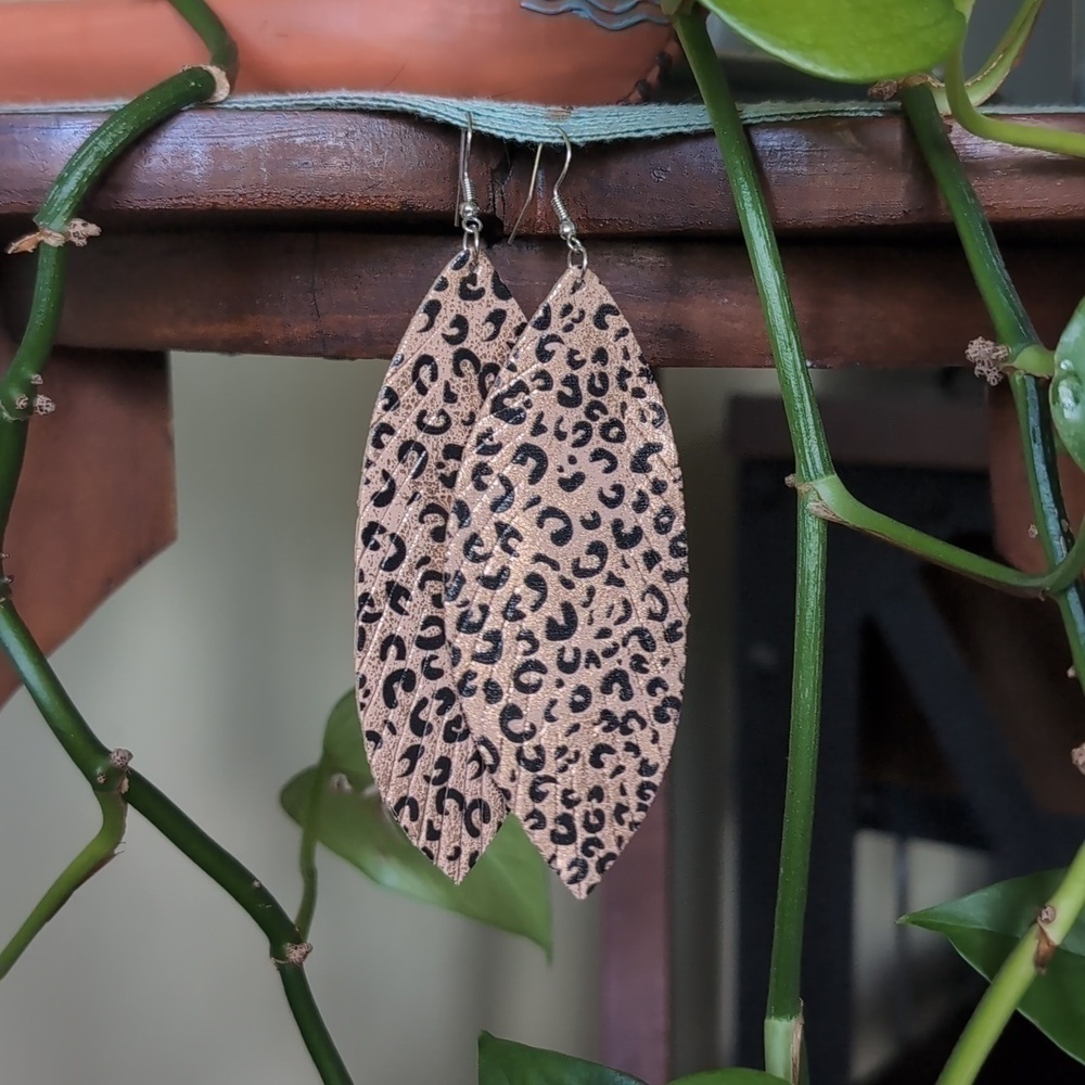 Faux Leather Metallic Black and Tan Animal Print Feather Drop Earrings